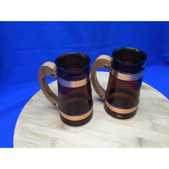 Siesta Ware Amber Brown Barrel Glass Beer Mug Wood Handle 2 - Picture 4 of 10